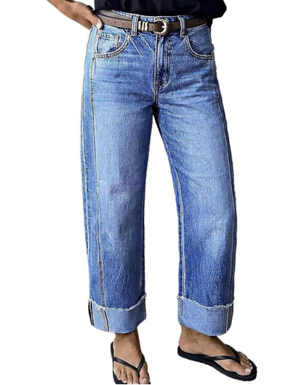 Flamingals Mid Rise Straight Leg Jeans Wash Seam Front Roll Raw Hem M